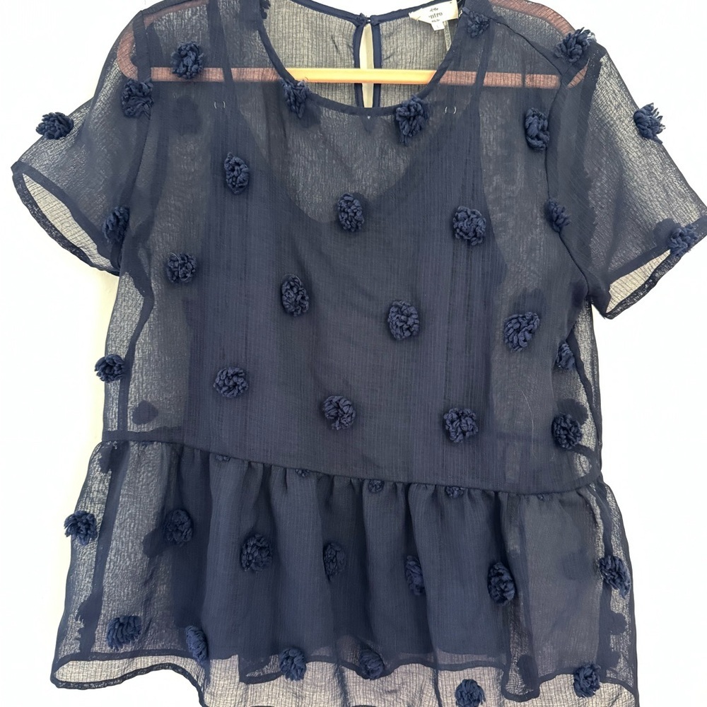 Entro Sheer Pom Pom Peplum Blouse | Navy | Size Large - Picture 4 of 4